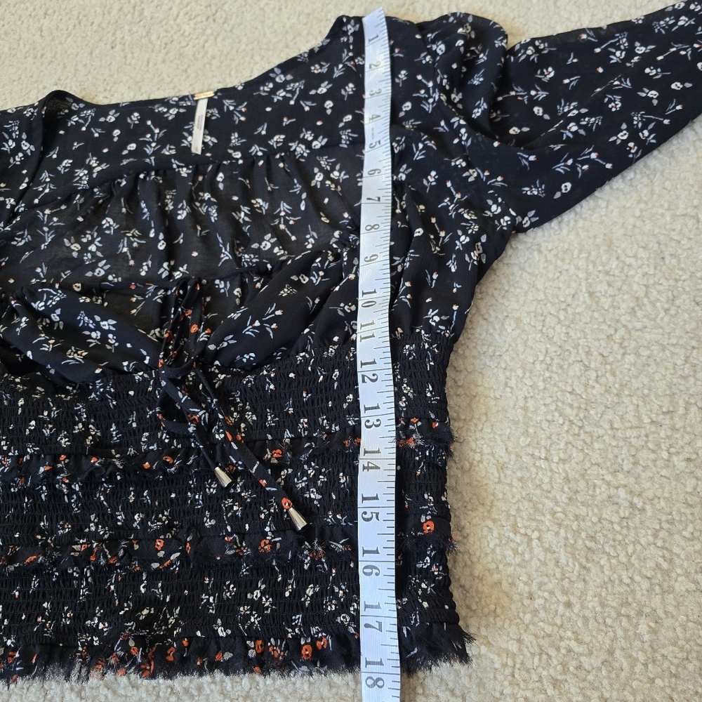 Free People Lolita Top Tiered Smocked Ruffle Raw Hem Drawstring Tie Long Sleeve - Picture 9 of 12